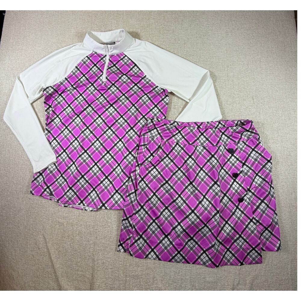 Belyn Key Women M Pink White Plaid Golf Skort Long Sleeve Top Athletic Set